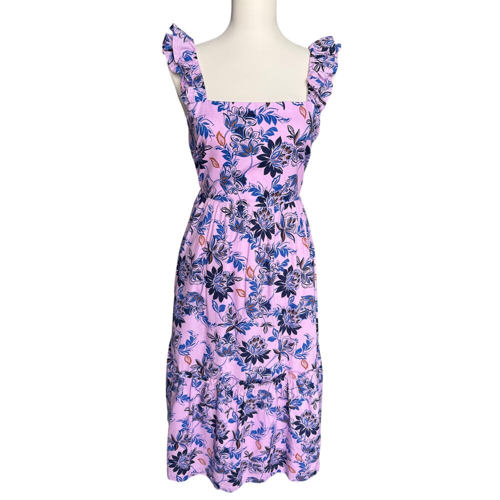 J.Crew Pink Blue Floral Ruffle Strap Midi Dress Cotton Size 6 Cottagecore